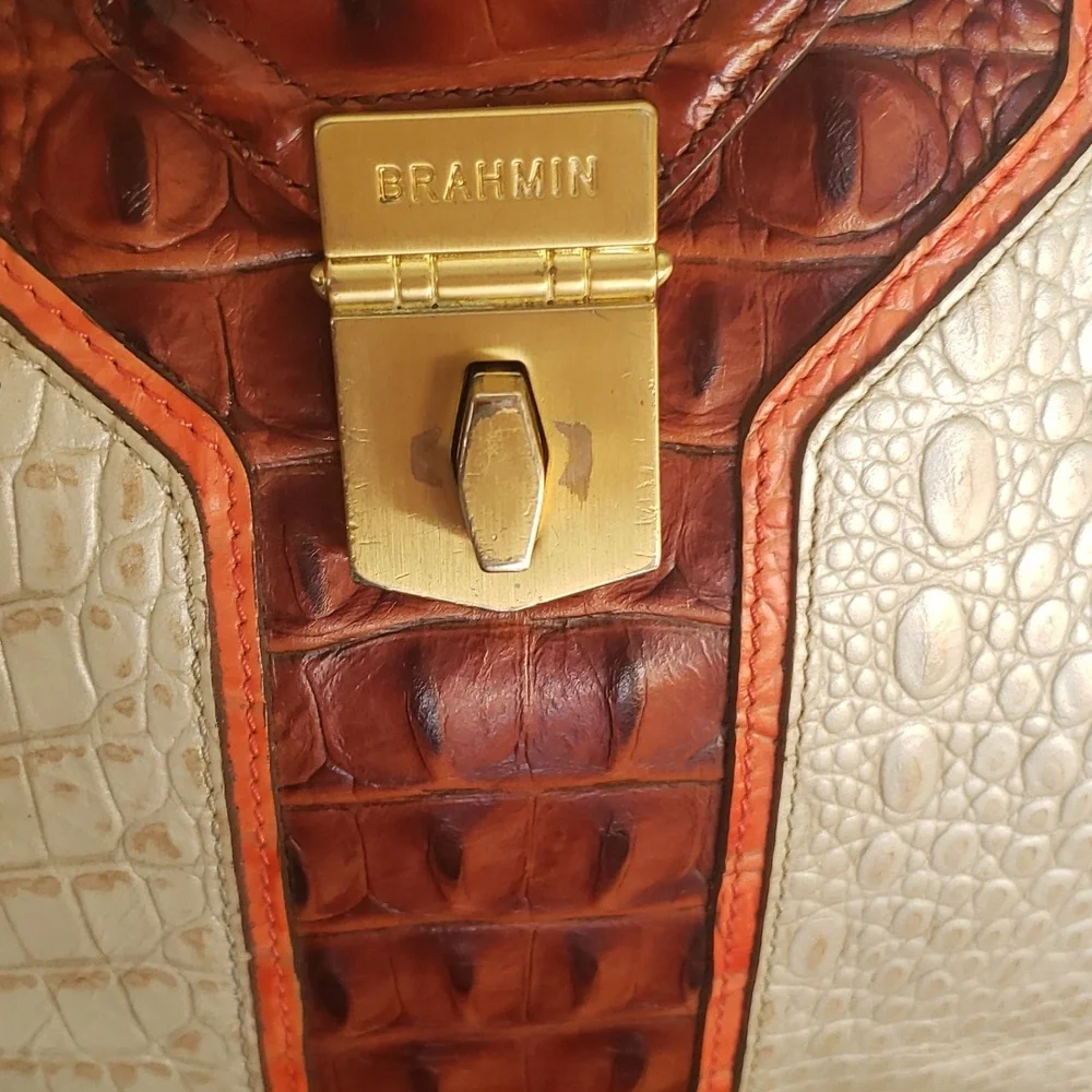 Brahmin Cream Tote with Brown Croc-Embossed Trim